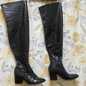 Marc Fisher Over the knee (OTN) croc pattern black boots 7.5 M, 2" heel  GUC